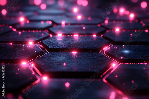 Futuristic hexagonal grid pattern with a vibrant neon glow, ideal for sci-fi themes, technology visuals, and modern digital designs. 