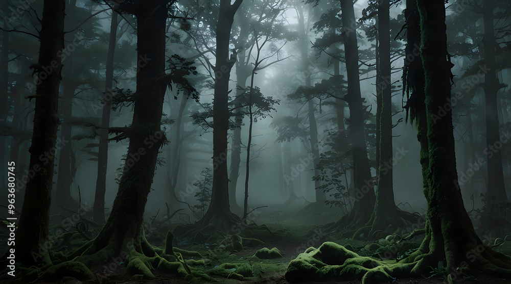 Obraz premium Mysterious forest with a moonlit path fog and a Halloween backdrop hint, Dark, Horror, Unsettling, Eerie 