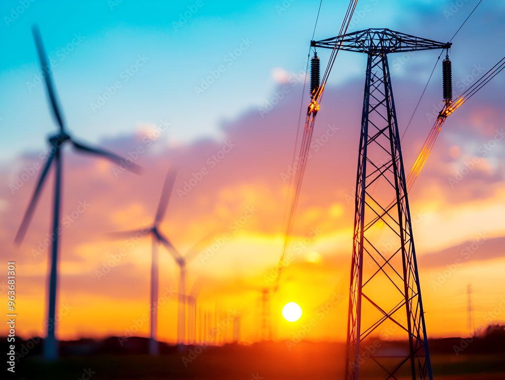 Fototapeta premium A scenic sunset view featuring wind turbines and a power tower, symbolizing renewable energy and a sustainable future.