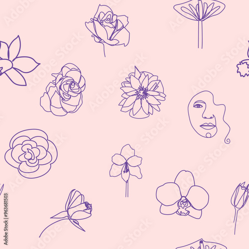 Woman face Continuous line seamless pattern. Abstract Female portrait with flowers. Drawing vector Wallpaper, fabric, wrapping paper, card, poster