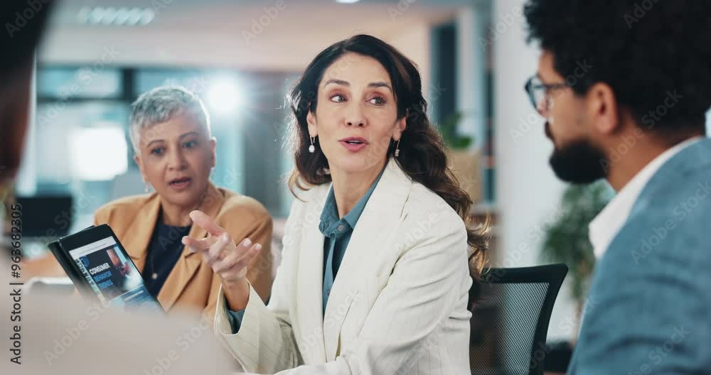 Corporate, people and meeting with tablet in office for finance discussion, review budget and feedback report. Woman, communication and team for online proposal, project solution of partnership goals