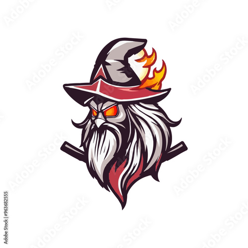 Old wizard illustration for logo. wizard magic fire head e sport logo badge vector illustration