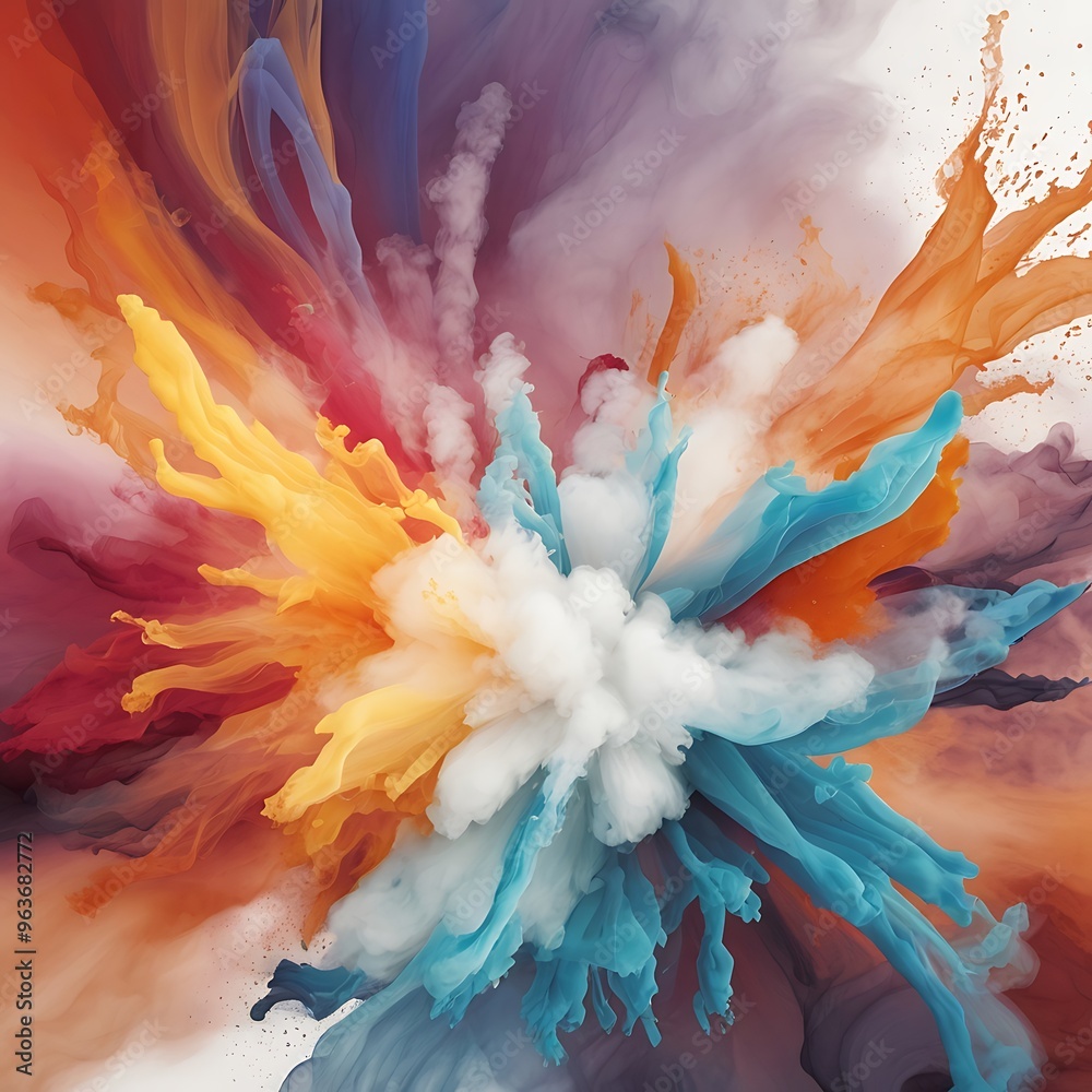 Obraz premium Colorful explosion of colored powder on white background, abstract colorful burst and smoke Creating a Dynamic and Stunning in white background