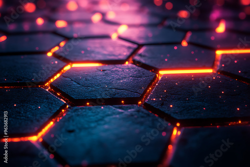 Futuristic hexagonal grid pattern with a vibrant neon glow, ideal for sci-fi themes, technology visuals, and modern digital designs. 