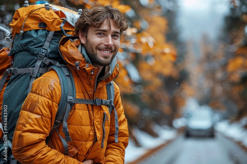 Smiling man in autumn closes car trunk with backpack, enjoying the seasonal vibes and nature Smiling man in autumn closes car trunk with backpack, enjoying the seasonal vibes and nature