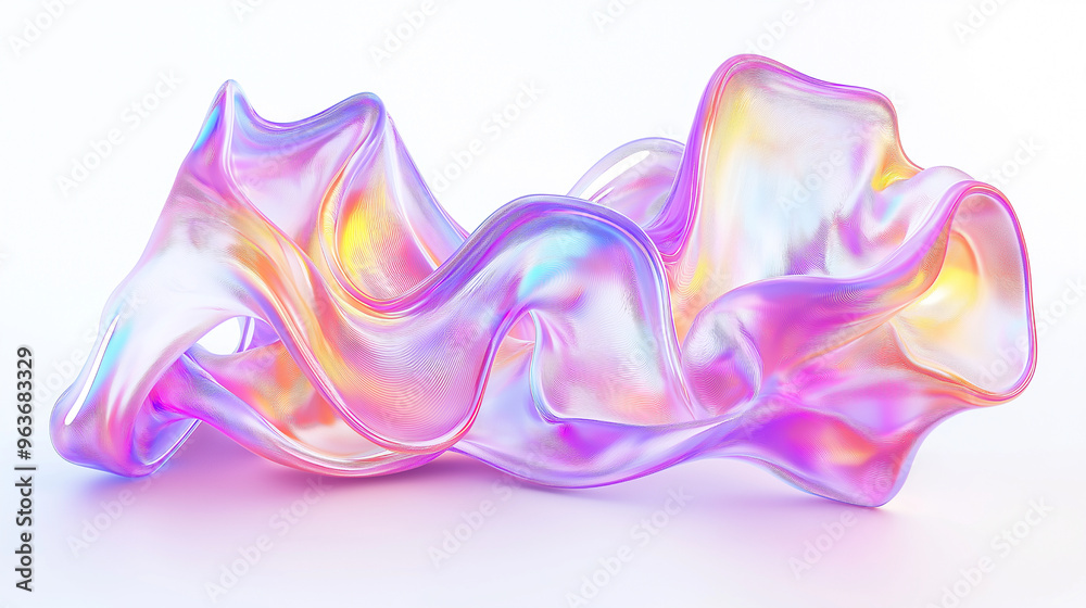 Obraz premium 3D render of fluid translucent liquid shape with iridescent pastel colors on white background, fluid and organic shapes