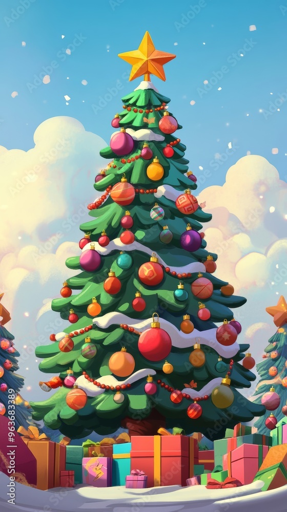 Obraz premium decorated christmas tree with presents under snow