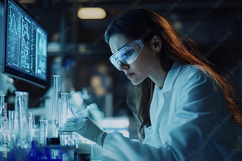 Scientist analyzing data in a lab, focusing on test tubes and a computer screen, representing cutting-edge research and discovery