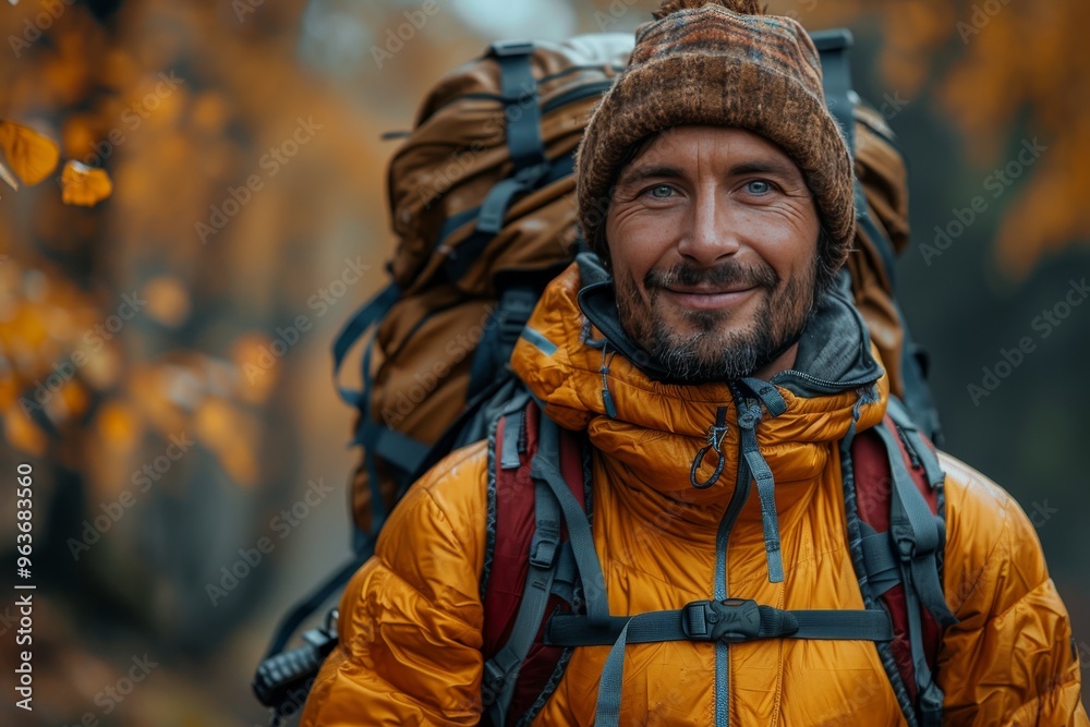 Cheerful man with backpack closes car trunk amidst vibrant autumn foliage and clear sky Cheerful man with backpack closes car trunk amidst vibrant autumn foliage and clear sky