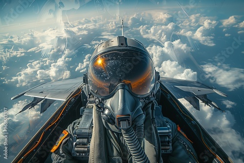 Overview of fighter aircraft cockpit with pilot in action during aerobatic maneuvers in the sky photo