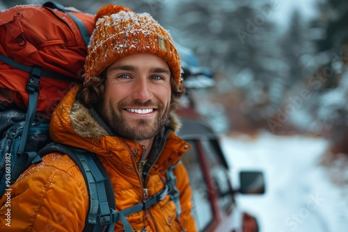 Cheerful man with backpack closes car trunk in autumn, embracing the season s vibes photo