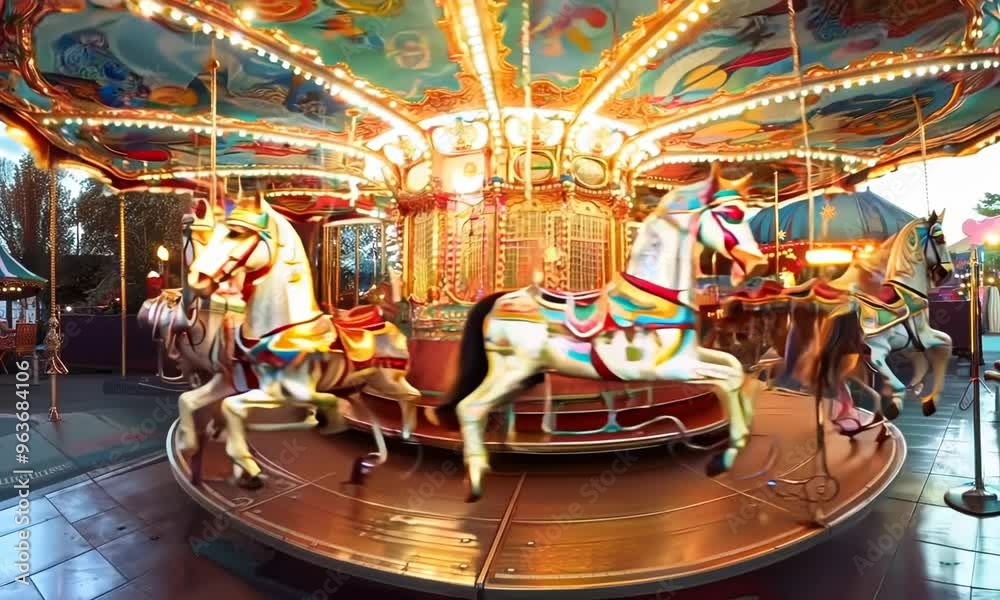 Whimsical carousel with brightly painted horses, Video