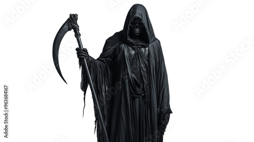 Male person in Halloween grim reaper death costume holding