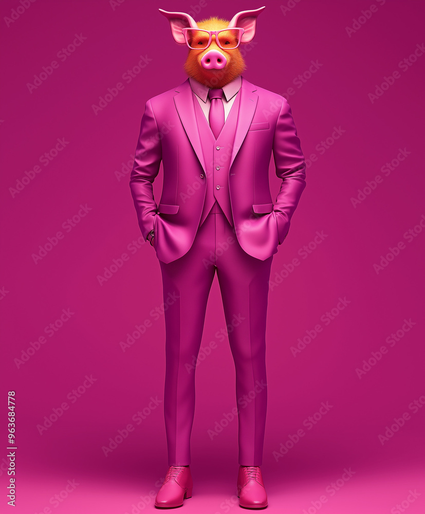 A whimsical and abstract portrait featuring a pig dressed in a sleek, modern business suit, standing upright on two legs. This minimal illustration creatively blends animal charm with human sophistica A whimsical and abstract portrait featuring a pig dressed in a sleek, modern business suit, standing upright on two legs. This minimal illustration creatively blends animal charm with human sophistica