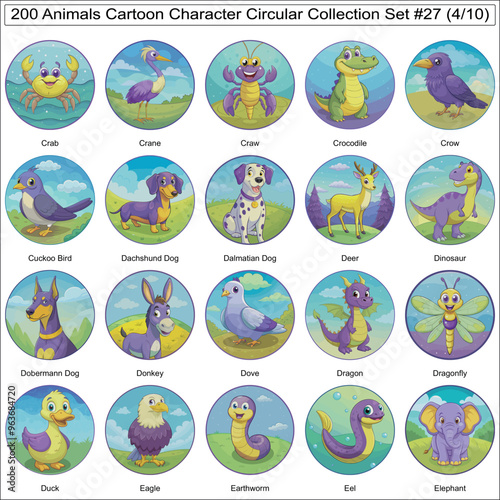 Animals Cartoon Character Circular Collection Set of 200 Isolated Animals Part 4