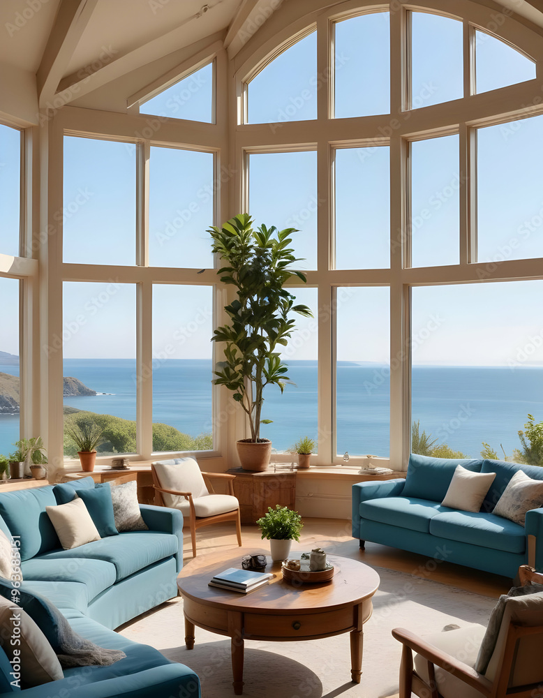 Fototapeta premium A living room that is both luxurious and comfortable, boasting a large window that overlooks the ocean.