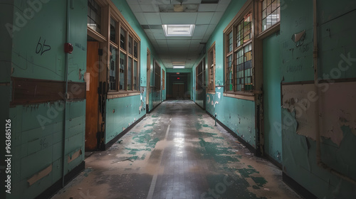 Abandoned school building with creepy shadows and eerie noises echoing in the halls at night.