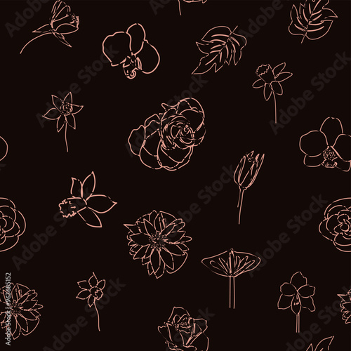 Woman face Continuous line seamless pattern. Abstract Female portrait with flowers. Drawing vector Wallpaper, fabric, wrapping paper, card, poster