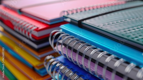 A stack of spiral notebooks with colorful covers.