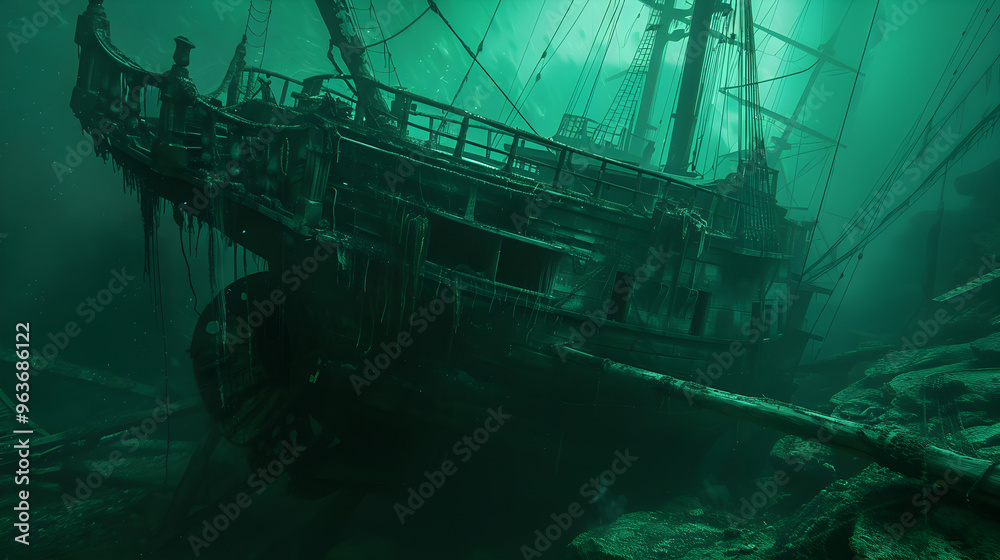 Deserted shipwreck on rocky shore with ethereal spirits of sailors lingering in misty atmosphere. Deserted shipwreck on rocky shore with ethereal spirits of sailors lingering in misty atmosphere.
