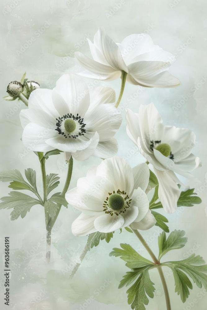Delicate white anemone flowers with green leaves against a soft watercolor background, capturing