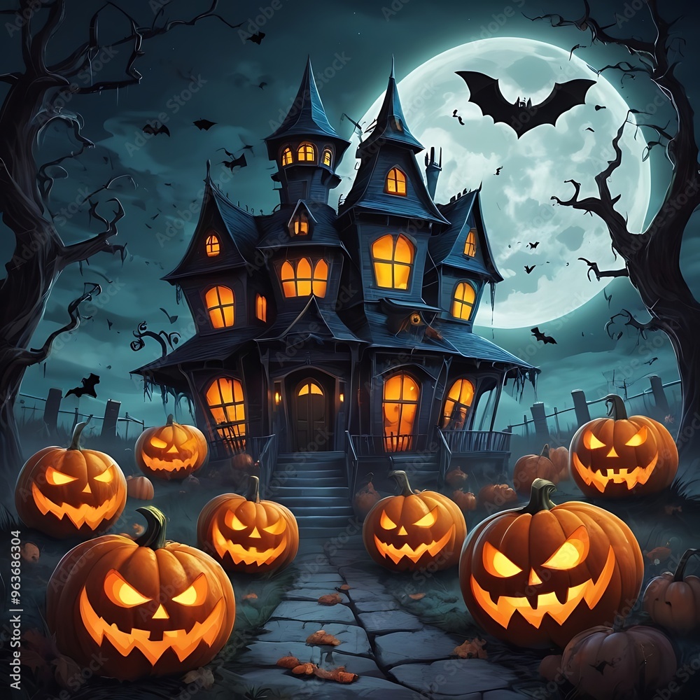 Evil pumpkins Halloween Night Scene with Bats and Haunted House, Halloween haunted mansion Halloween scary scene, Halloween house, Halloween night scene with castle Evil pumpkins Halloween Night Scene with Bats and Haunted House, Halloween haunted mansion Halloween scary scene, Halloween house, Halloween night scene with castle