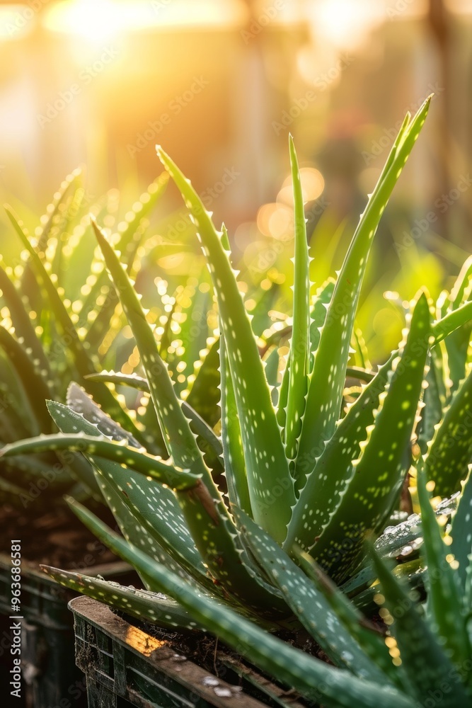 Lush Aloe Vera plants thriving in a sunlit greenhouse, their vibrant green leaves glistening with Lush Aloe Vera plants thriving in a sunlit greenhouse, their vibrant green leaves glistening with