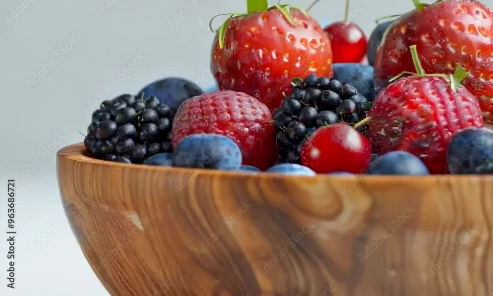 Wooden bowl filled with fresh berries, Video Wooden bowl filled with fresh berries, Video