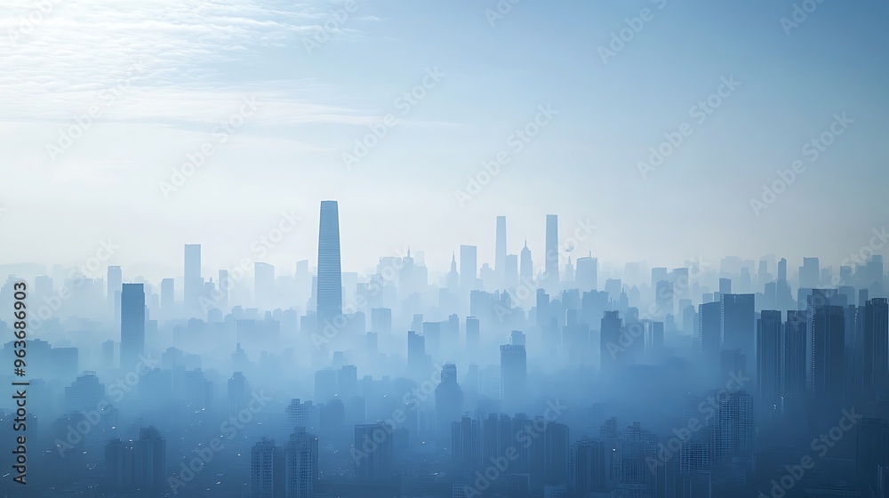 Urban skyline obscured by smog and pollution, illustrating poor air quality with ample blank sky for text placement. Urban skyline obscured by smog and pollution, illustrating poor air quality with ample blank sky for text placement.