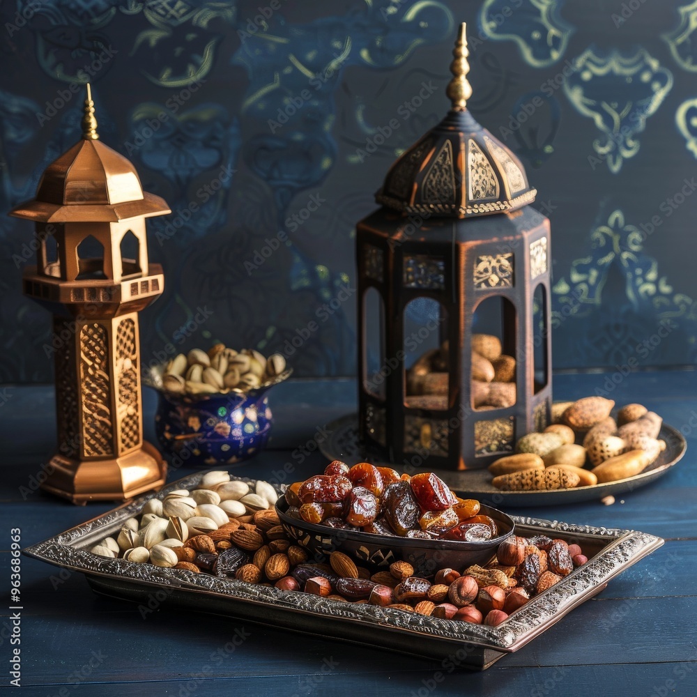 Trays filled with dates nuts beside a wooden mosque-shaped lantern on a dark blue table, reflecting Trays filled with dates nuts beside a wooden mosque-shaped lantern on a dark blue table, reflecting