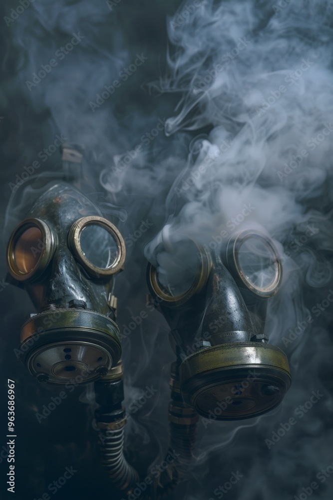 Two gas masks emitting smoke, illustrating environmental pollution the need for cleaner air Two gas masks emitting smoke, illustrating environmental pollution the need for cleaner air