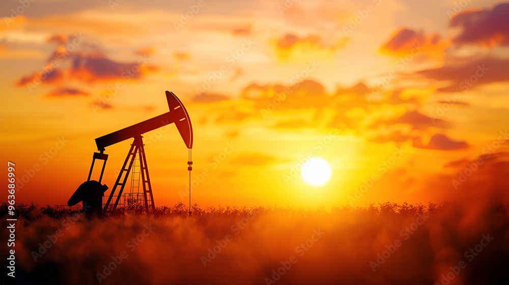 Silhouette of an oil pumpjack against a vibrant sunset, symbolizing energy production and natural resource extraction.