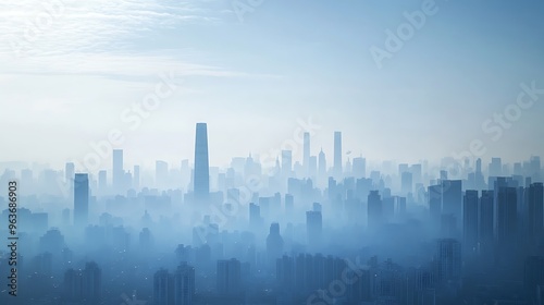 Urban skyline obscured by smog and pollution, illustrating poor air quality with ample blank sky for text placement.