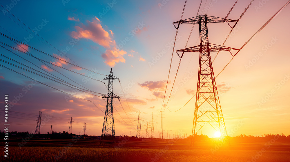 Fototapeta premium Stunning sunset view featuring towering power lines against a colorful sky, symbolizing energy and infrastructure.