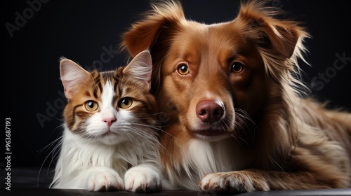 Portrait of Happy dog and cat that looking at the camera together isolated on transparent background, friendship between dog and cat, amazing friendliness of the pets.