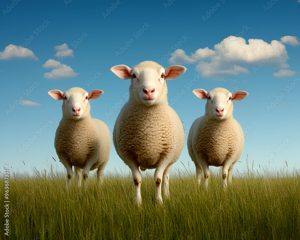 Fototapeta premium Three adorable sheep standing in a lush green field under a bright blue sky, showcasing nature's beauty and tranquility.