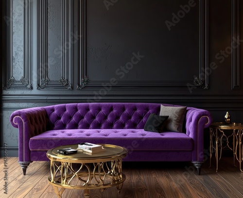 Luxurious Russian living room with imperial purple sofa and sable wood.