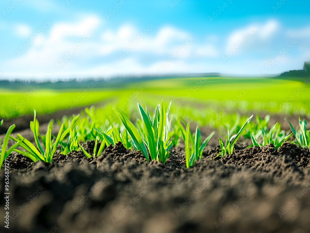 Vibrant green grass grows in a fertile field under a bright blue sky, showcasing the beauty of nature and agriculture. Vibrant green grass grows in a fertile field under a bright blue sky, showcasing the beauty of nature and agriculture.