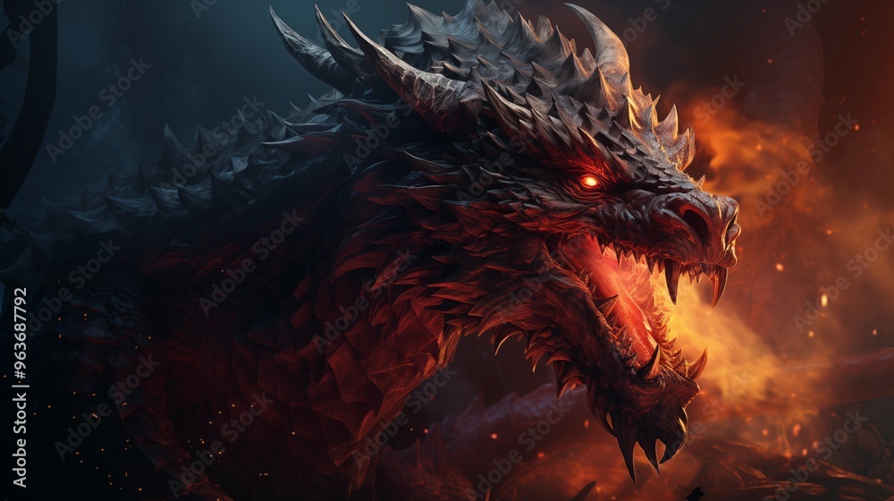 Red giant dragon breathing fire on dark background. Mythology creature portrait. Fantasy art. Red giant dragon breathing fire on dark background. Mythology creature portrait. Fantasy art.