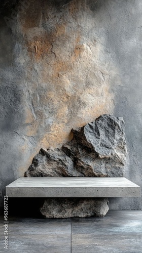 An empty concrete platform against a textured stone wall, creating a modern, minimalistic display space. photo