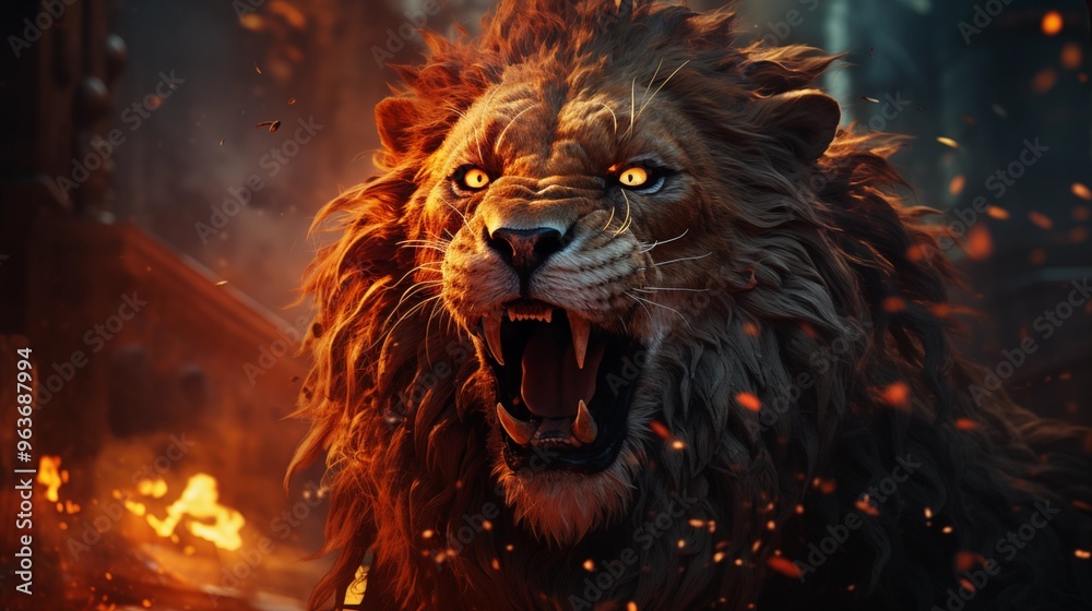 Naklejka premium Roaring mighty fantasy lion with flames and glowing lights
