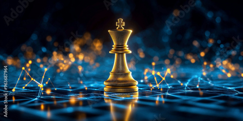 Golden chess king piece illuminated by a futuristic digital network grid with glowing blue and orange connections, symbolizing leadership, strategy, and innovation in a modern context photo