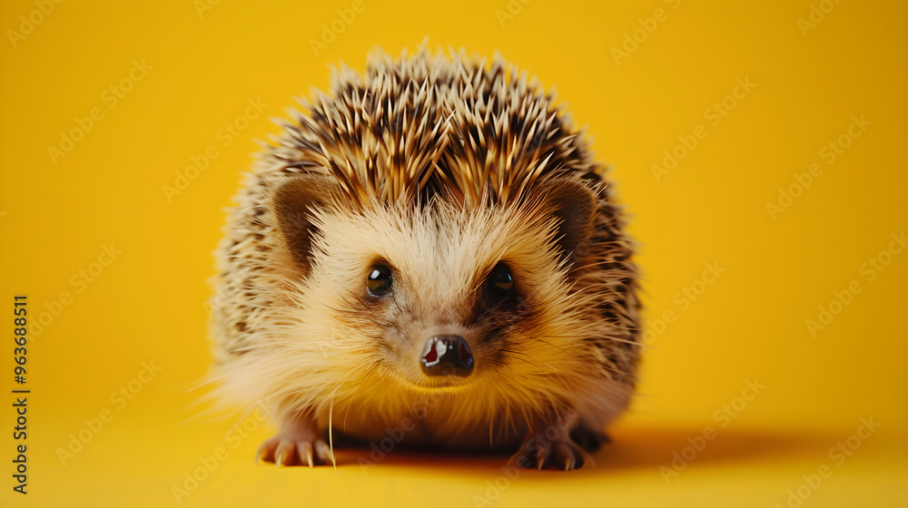 Cute hedgehog with big googly eyes sitting on a plain yellow background in close-up. Cute hedgehog with big googly eyes sitting on a plain yellow background in close-up.
