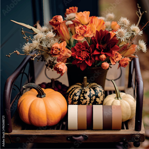 Autumn still life composition of pumpkins and flowers. Interior decorations pumpkins and flowers. Autumn scenery interior decoration. Halloween holiday decorations. Autumn harvest.