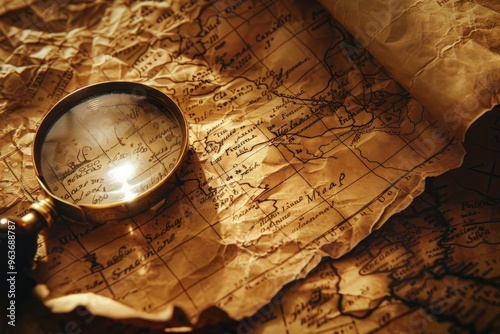 Vintage map with magnifying glass showcasing exploration and adventure with warm lighting and antique details