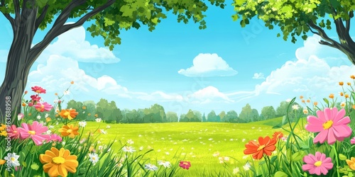 A delightful 2D illustration captures a vibrant spring landscape with lush green grass, colorful flowers, and a bright blue sky, evoking joy and tranquility for viewers of all ages
