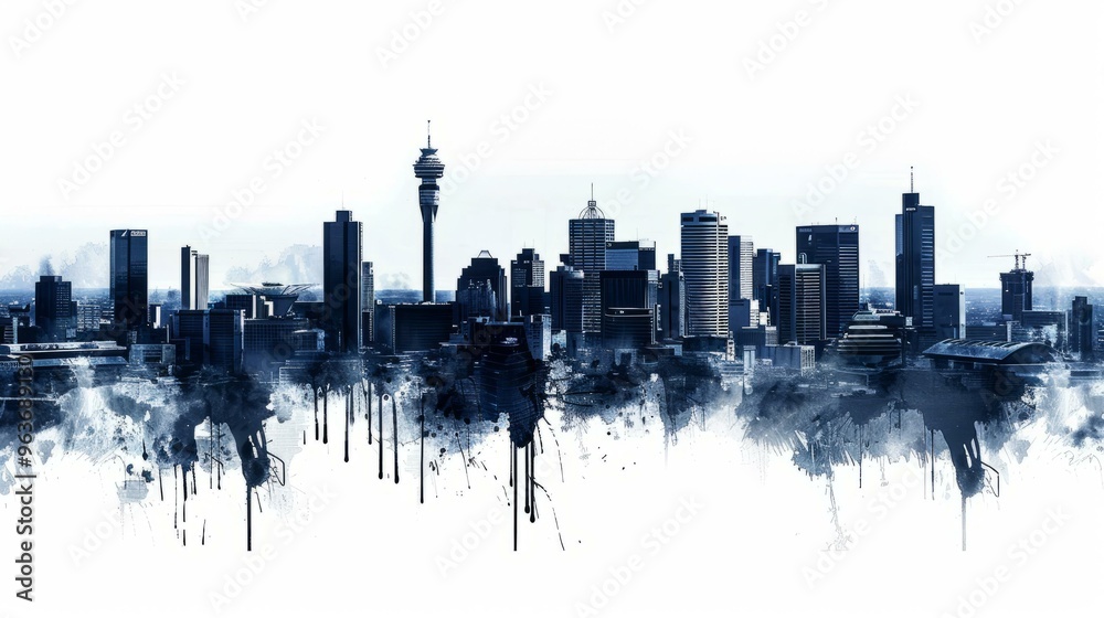 Fototapeta premium Johannesburg skyline silhouette with artistic splatter effect, cityscape in blue tones, modern urban background