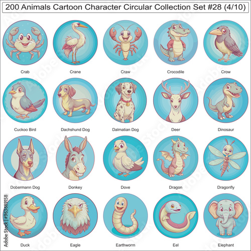 Animals Cartoon Character Circular Collection Set of 200 Isolated Animals Part 4
