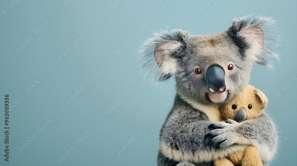 Adorable koala snuggles with a soft toy on a simple blue background in Australia. Adorable koala snuggles with a soft toy on a simple blue background in Australia.