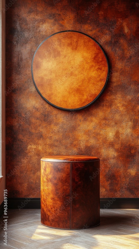 An elegant empty leather showcase stand with a round mirror against a textured brown wall, ideal for marketplace display. An elegant empty leather showcase stand with a round mirror against a textured brown wall, ideal for marketplace display.